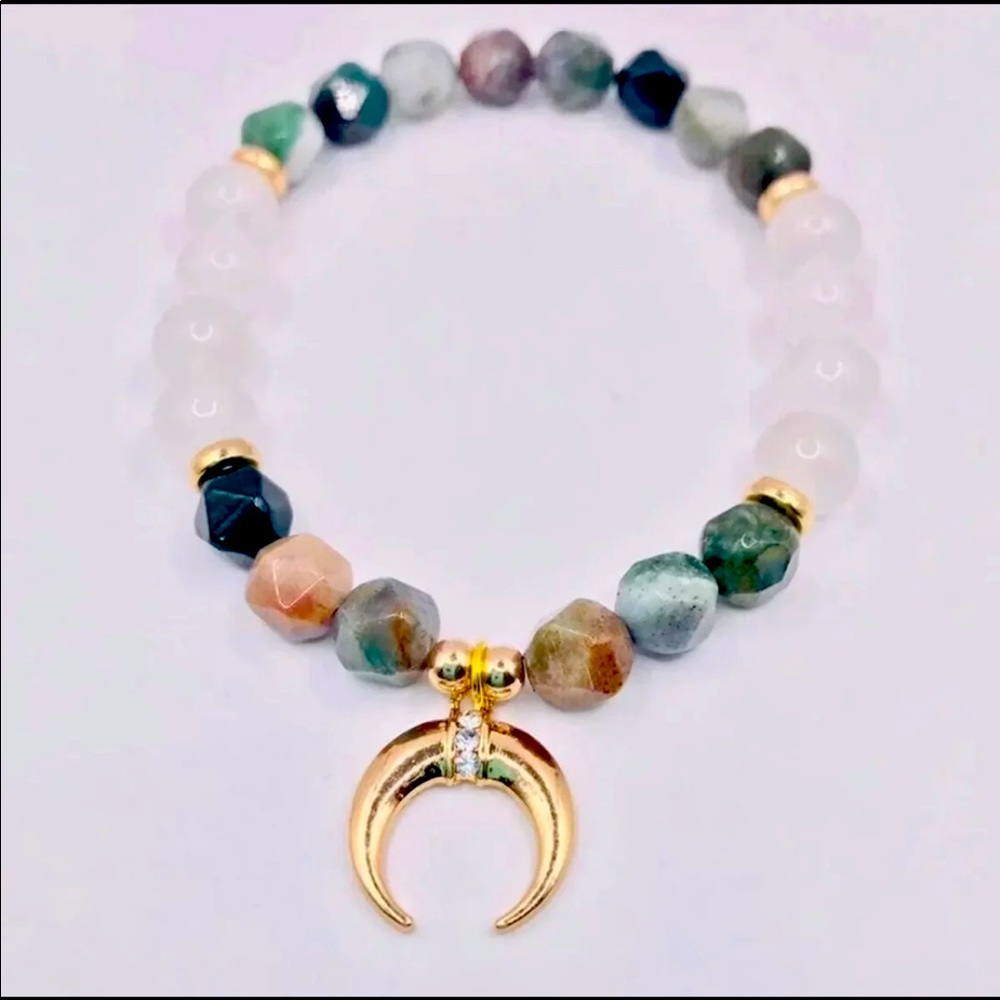 Handcrafted Indian Agate + White Jade Gemstone Stretch Moon Pendant Bracelet